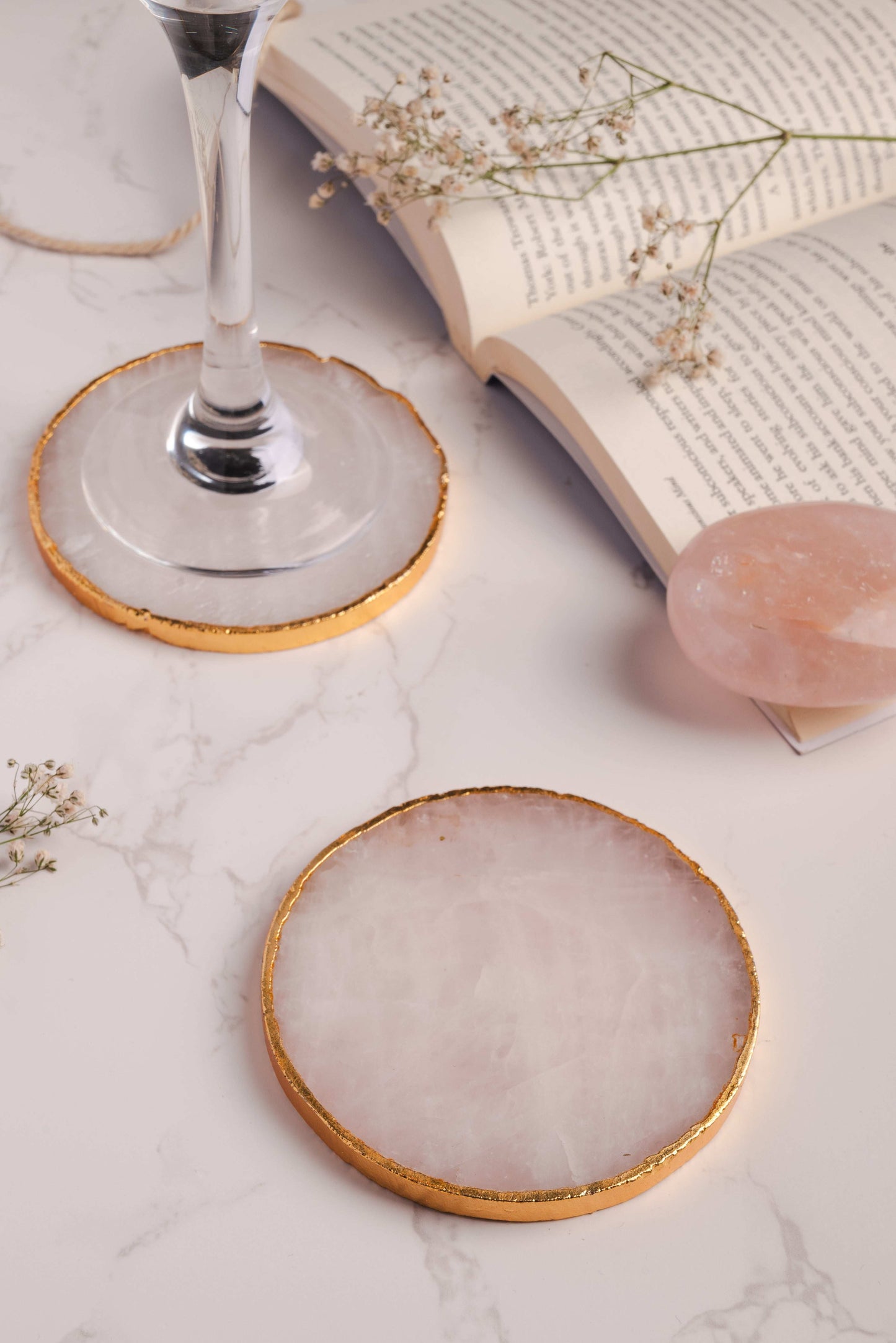 Rose quartz coasters for love, heart chakra energy, and elegance