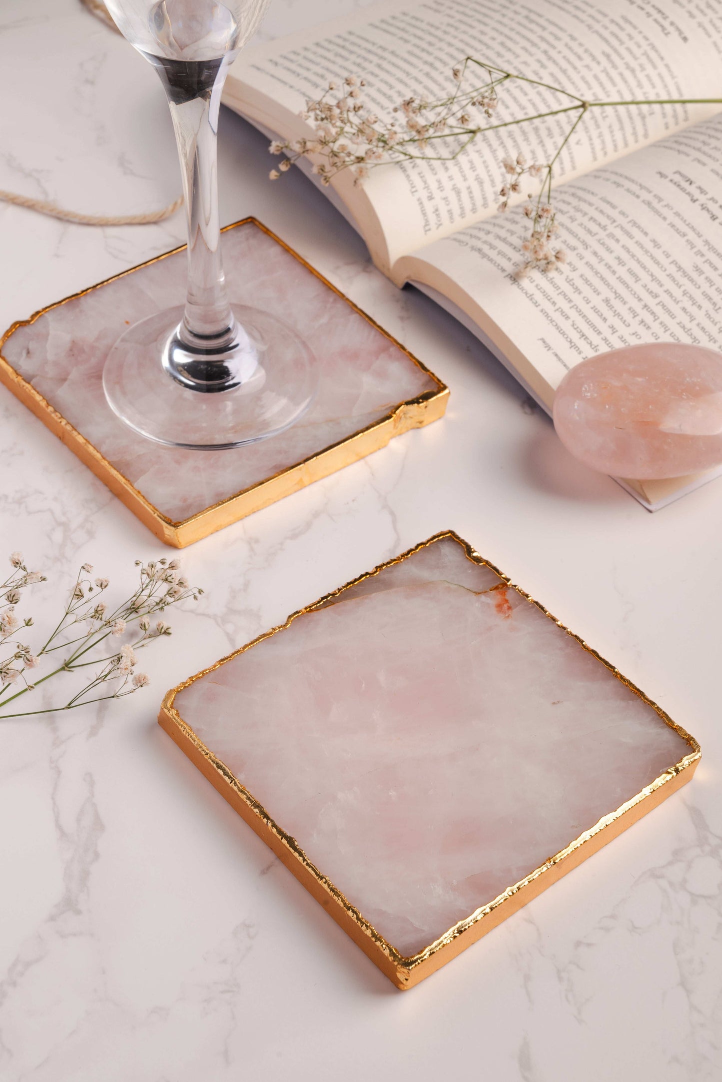 Pink crystal drink coasters that radiate calm and emotional peace