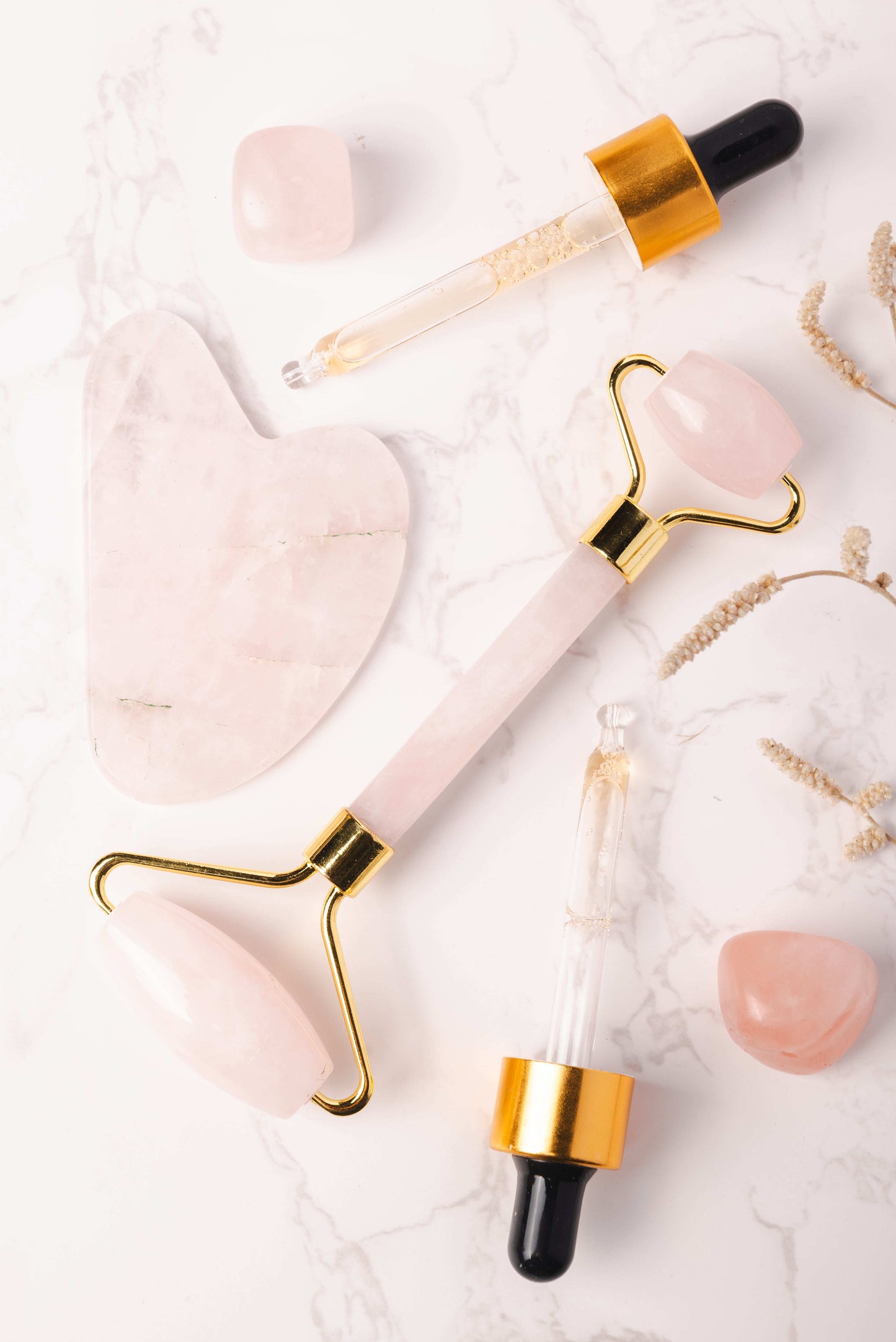 Rose quartz face roller and gua sha set for self-love and glowing skin