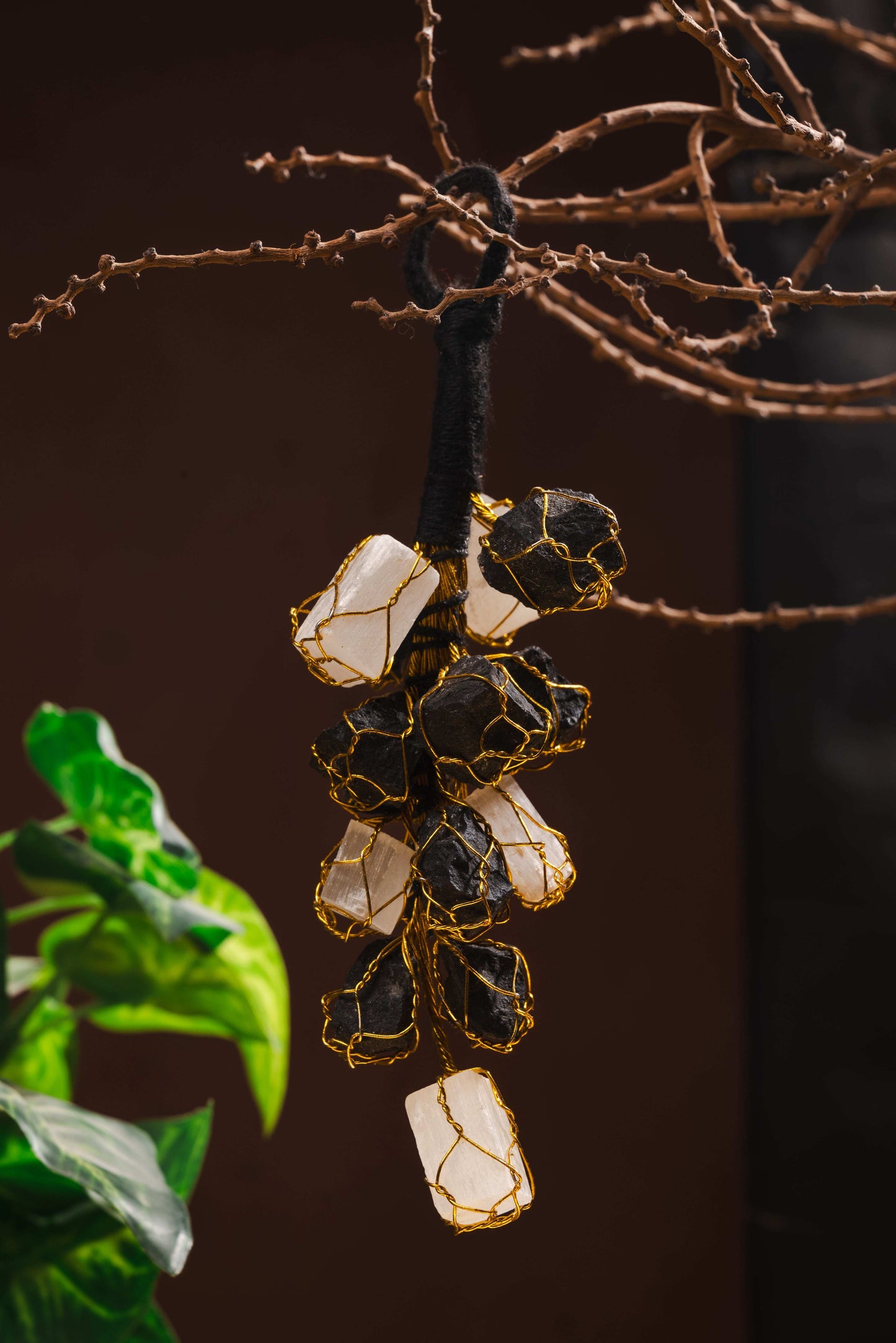Black Tourmaline and Selenite hanging for protection and energy cleansing