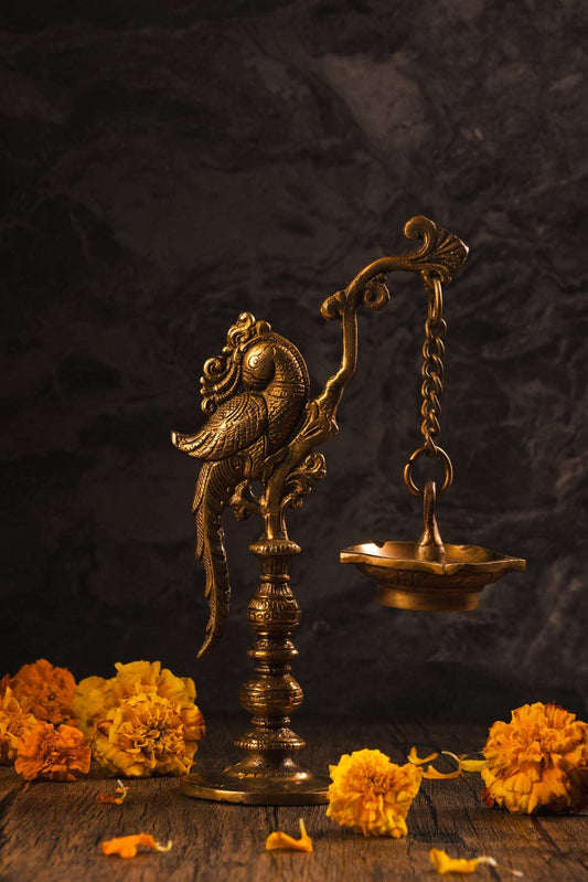 Brass peacock hanging diya with 5 flames for temple and home decor