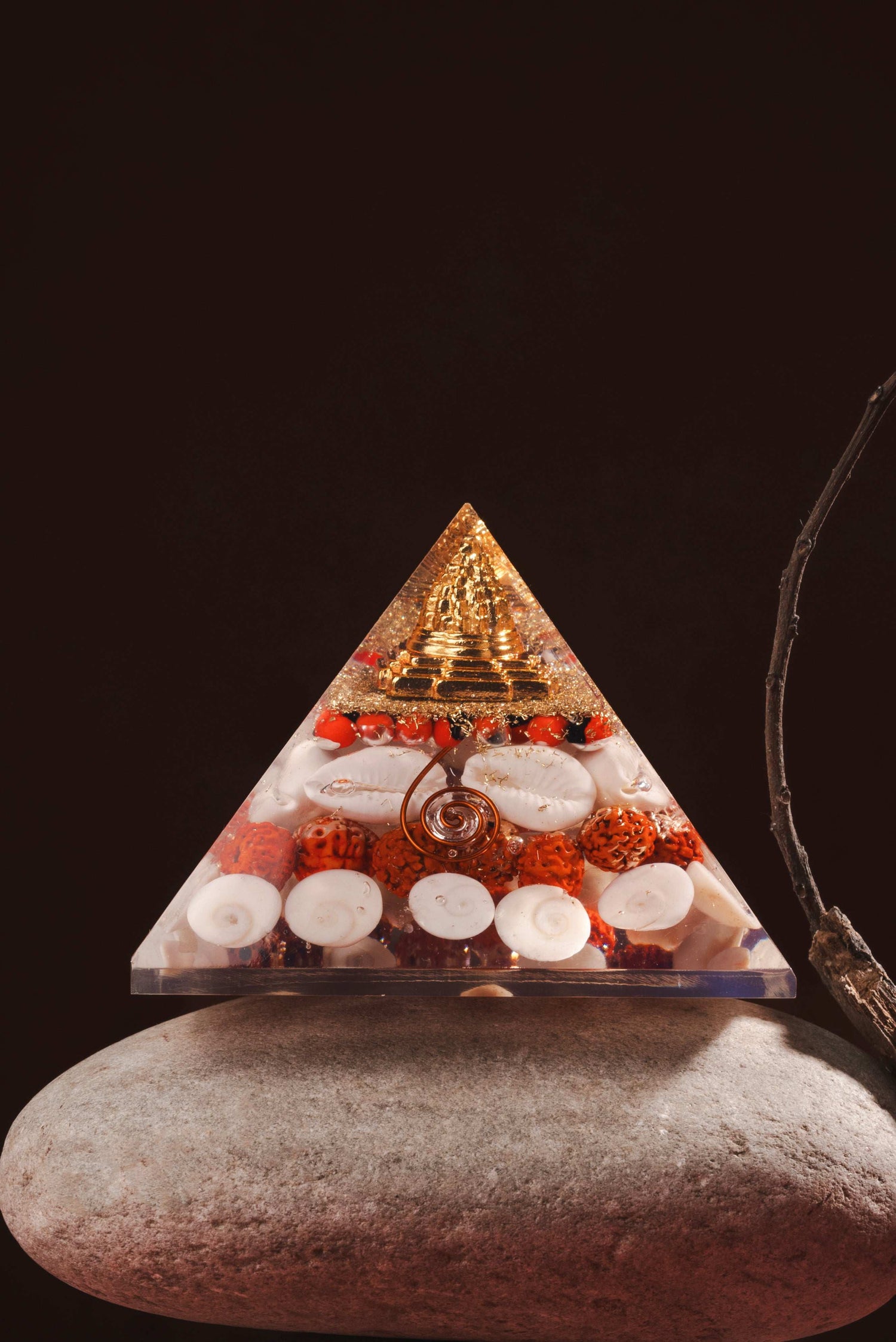 Abundance orgonite pyramid with gomti chakra, shree yantra, rudraksha and kodi