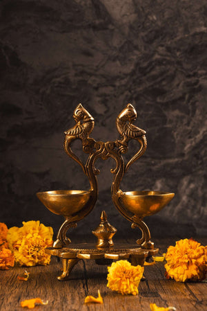Dual Brass Peacock Diya for Auspicious Decor & Spiritual Light
