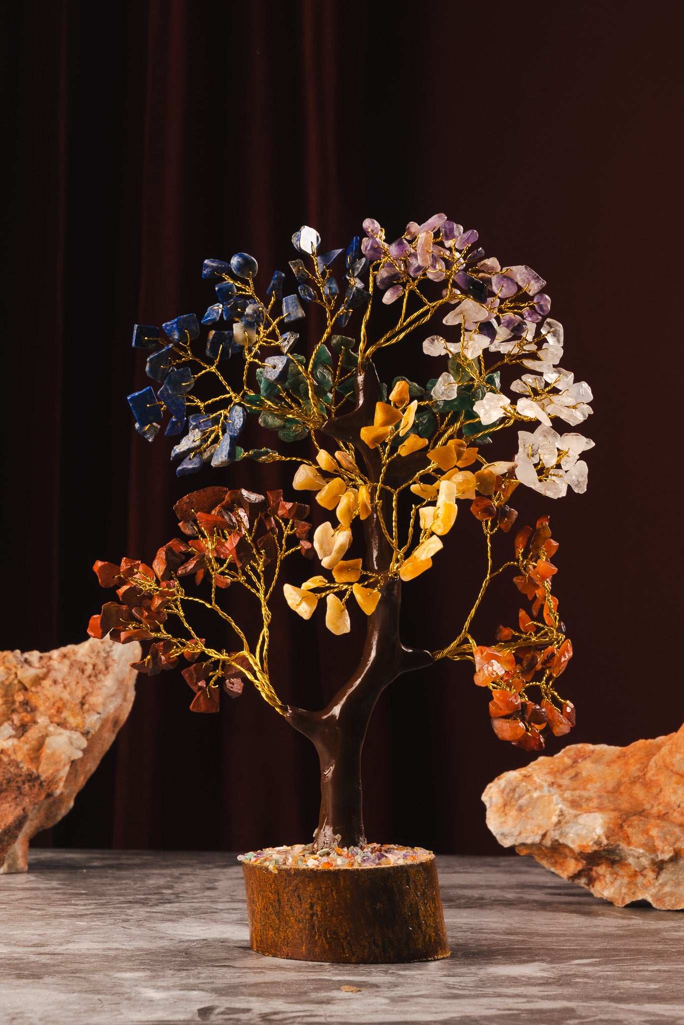 Seven chakra tree with crystals for energy healing and alignment