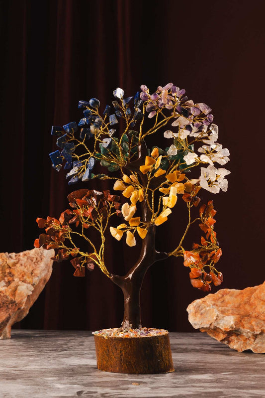 Seven chakra tree with crystals for energy healing and alignment
