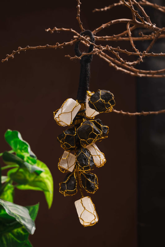 Black Tourmaline and Selenite hanging for protection and energy cleansing