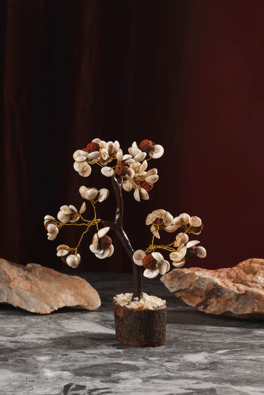 Sacred energy tree with Rudraksha beads and Gomti Chakras for vastu balance
