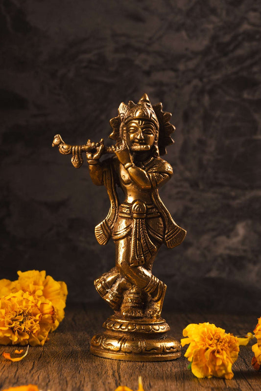 Brass Krishna idol for pooja room, devotion, and temple decor