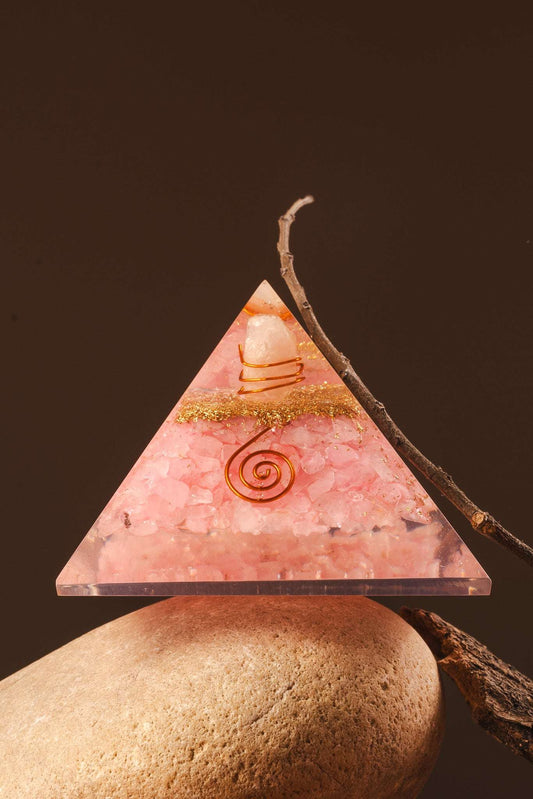 Rose quartz orgonite pyramid for heart chakra healing and self-love