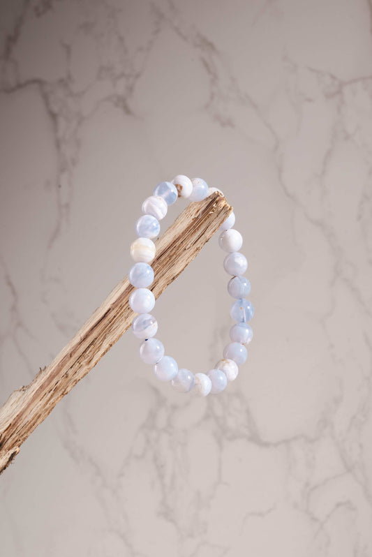 Blue lace agate bracelet for emotional calm and throat chakra balance