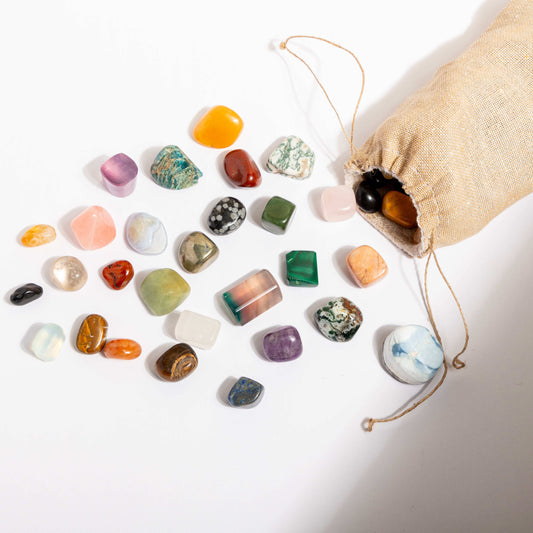 Handpicked crystal stones in cloth pouch for spiritual healing